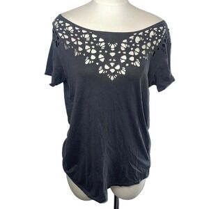 Billabong Open Back Laser Cut Tee Top Black Gray Medium NWT Casual Boho Surf